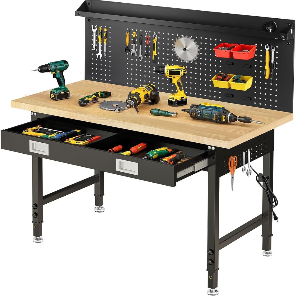 Woodworking Work Table - 60 Adjustable Workbench with Drawers, Garage